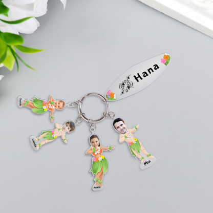 4 Names - Personalised Hawaiian Style Keyring With 4 Photo,4 Name and Text, Gift For Family