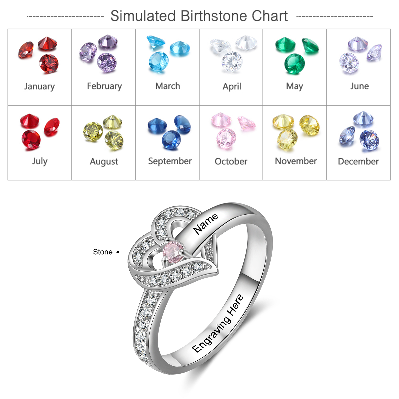 Personalised Heart Ring With 1 Ruby Stone Engraved Names Ring Gift For Women