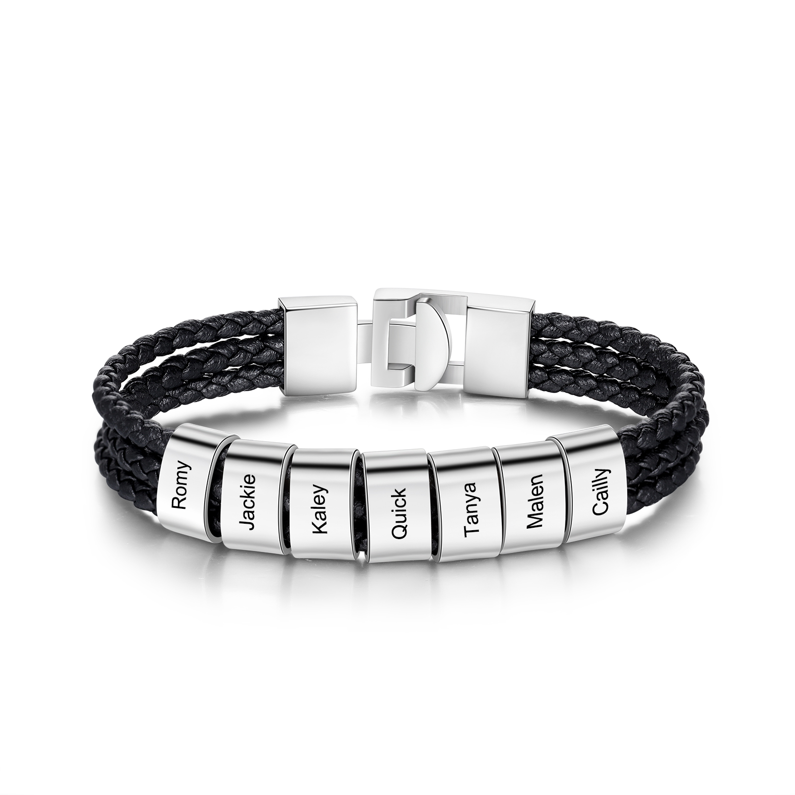 Personalised Braided Leather Bracelet Engraved 7 Names Men's Bracelet for Him