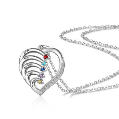 Personalised Mother Necklace 5 Stones Engraved 5 Names Birthstone Intertwined Heart Pendant Gifts for Her