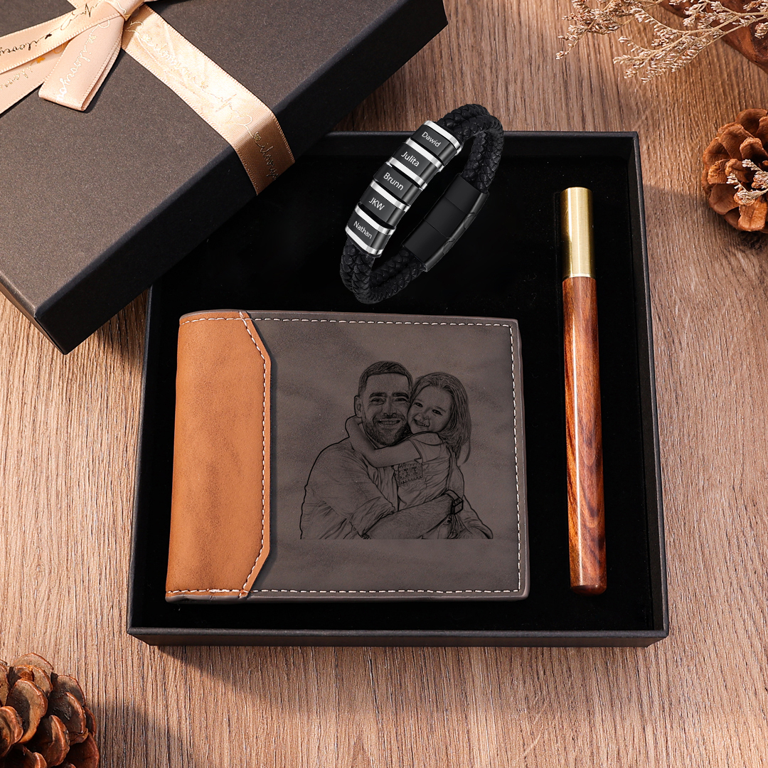 Personalised Photo Names Gift Set Custom Wallet Men's