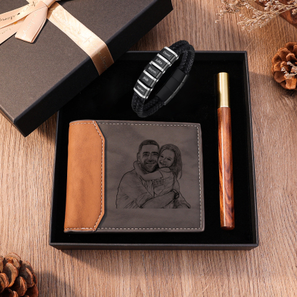 Personalised Photo & 5 Names Gift Set Custom Wallet & Men's Bracelet Gift Box Set Father’s Day Gifts