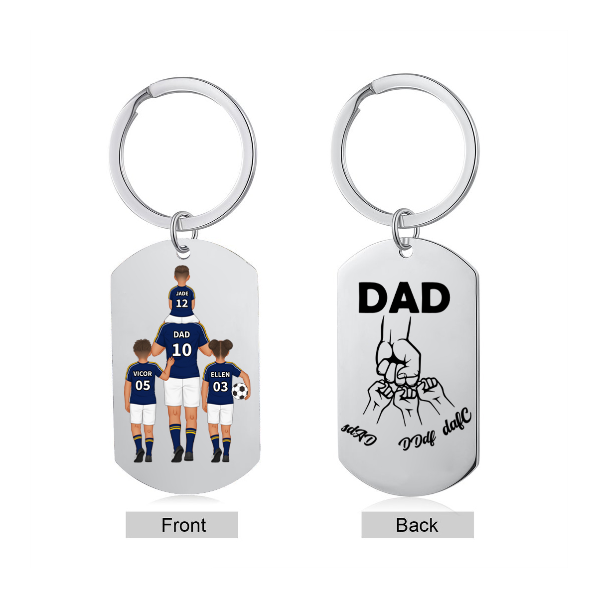1-3 Names-Personalised Dad's Football Team Fist Keyring Custom Names Gift For Grandad/Dad