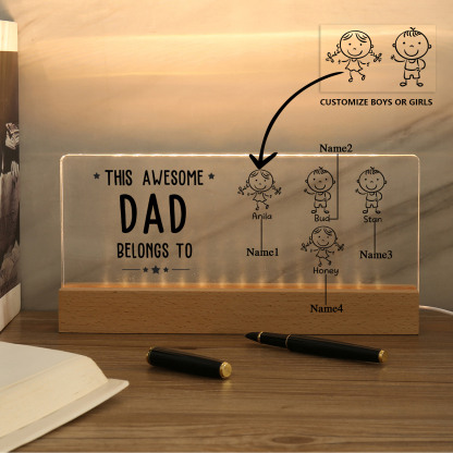 4 Names & Doll Gender - Personalised Lamp -This Awesome Dad  Belongs To - Father's Day Gift for Dad