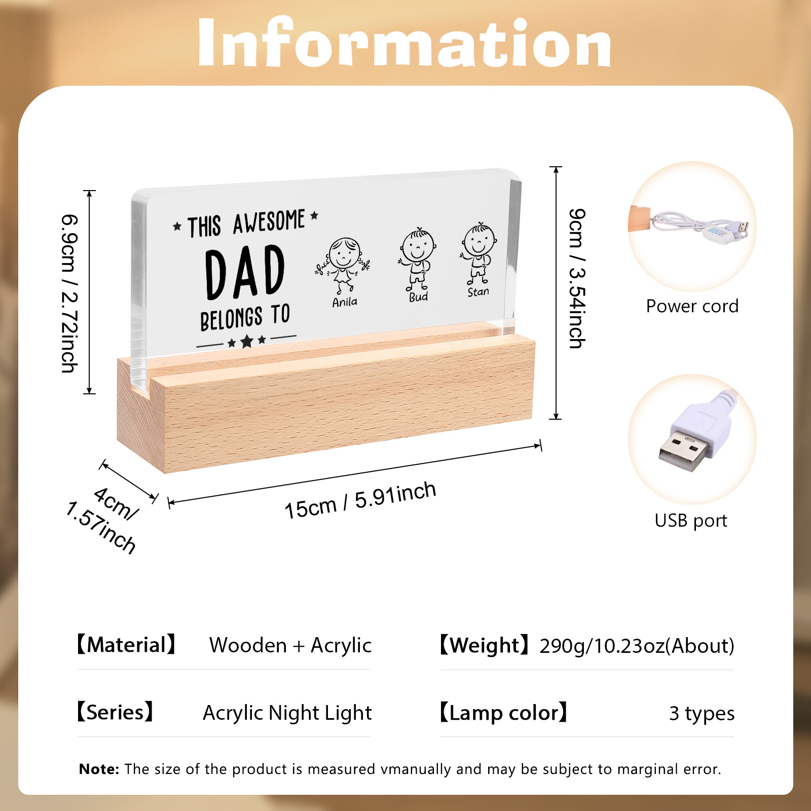 3 Names & Doll Gender - Personalised Lamp -This Awesome Dad  Belongs To - Father's Day Gift for Dad