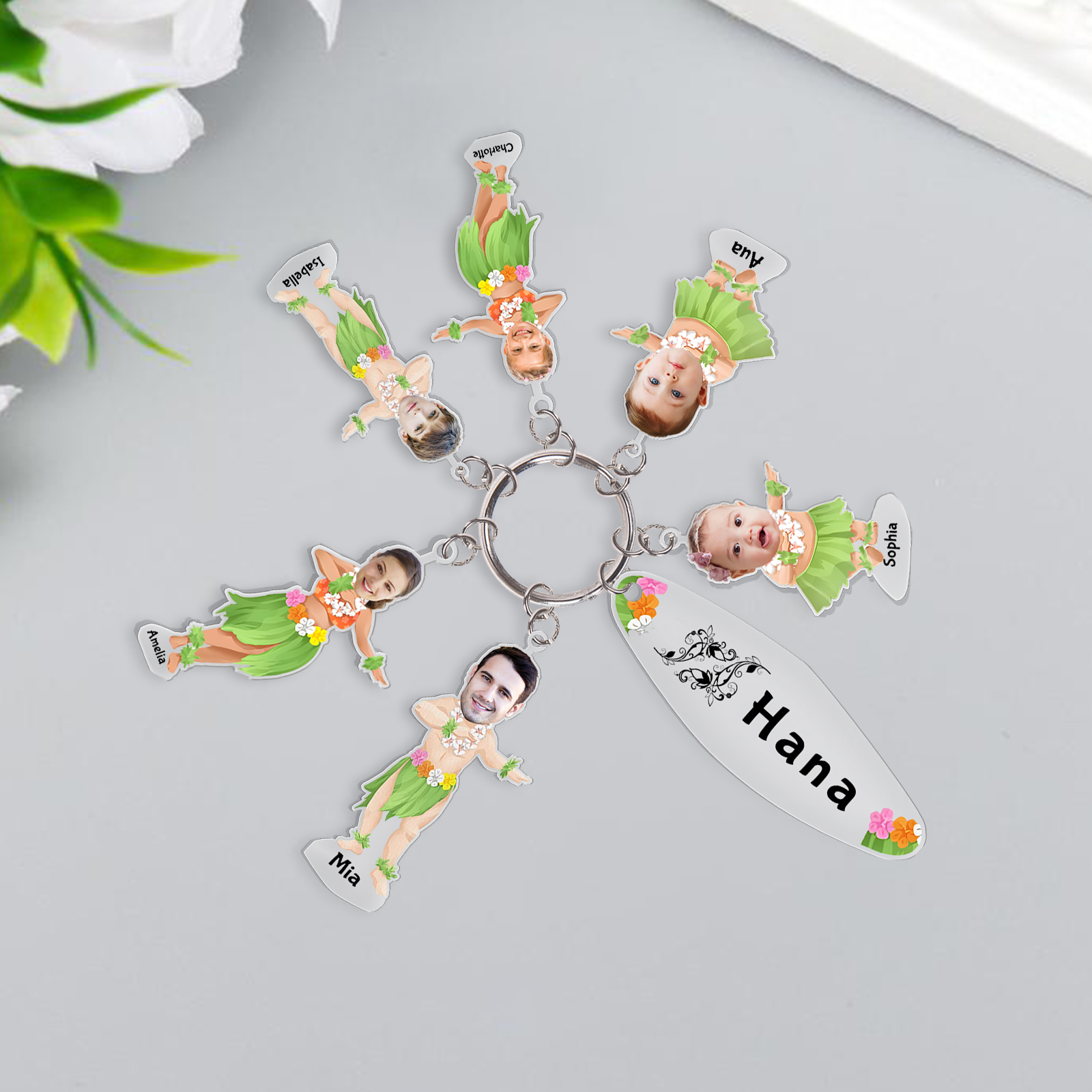 6 Names - Personalised Hawaiian Style Keyring With 6 Photo,6 Name and Text, Gift For Family