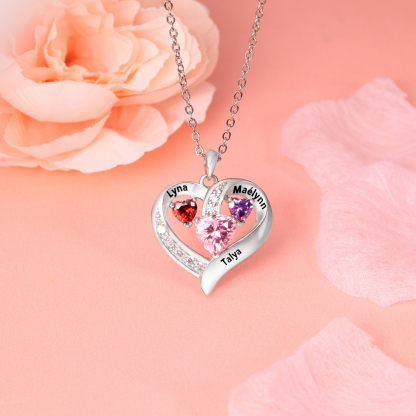 Personalised Heart Necklace With 3 Birthstones Engraved Names Gift For Her