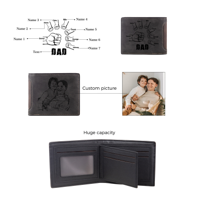 7 Names - Personalised Photo Custom Leather Men's Folding Wallet as a Father's Day Gift for Dad