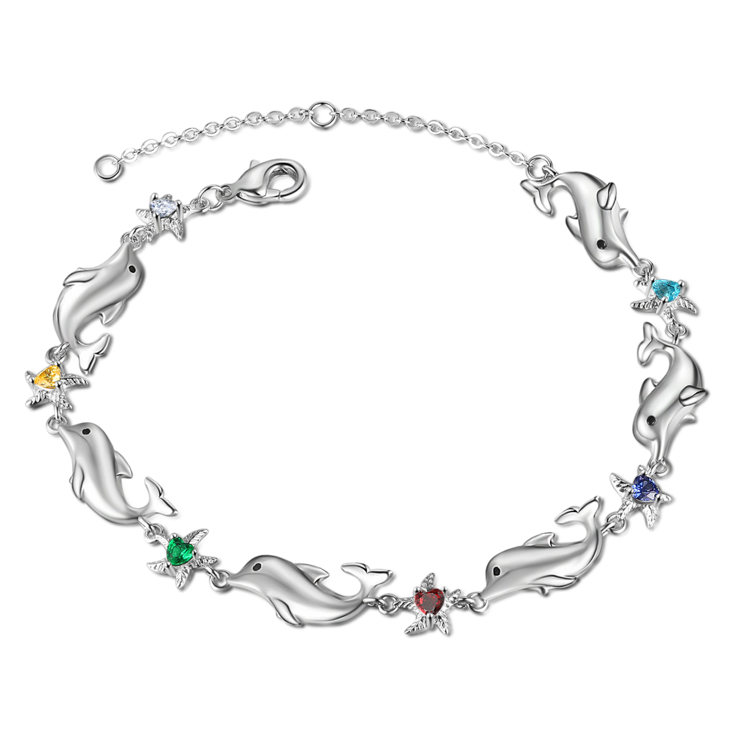 Animal Bracelet Personalized Dolphin Bracelet With 5 Birthstones Engraved Names Starfish Charm Gifts For Her