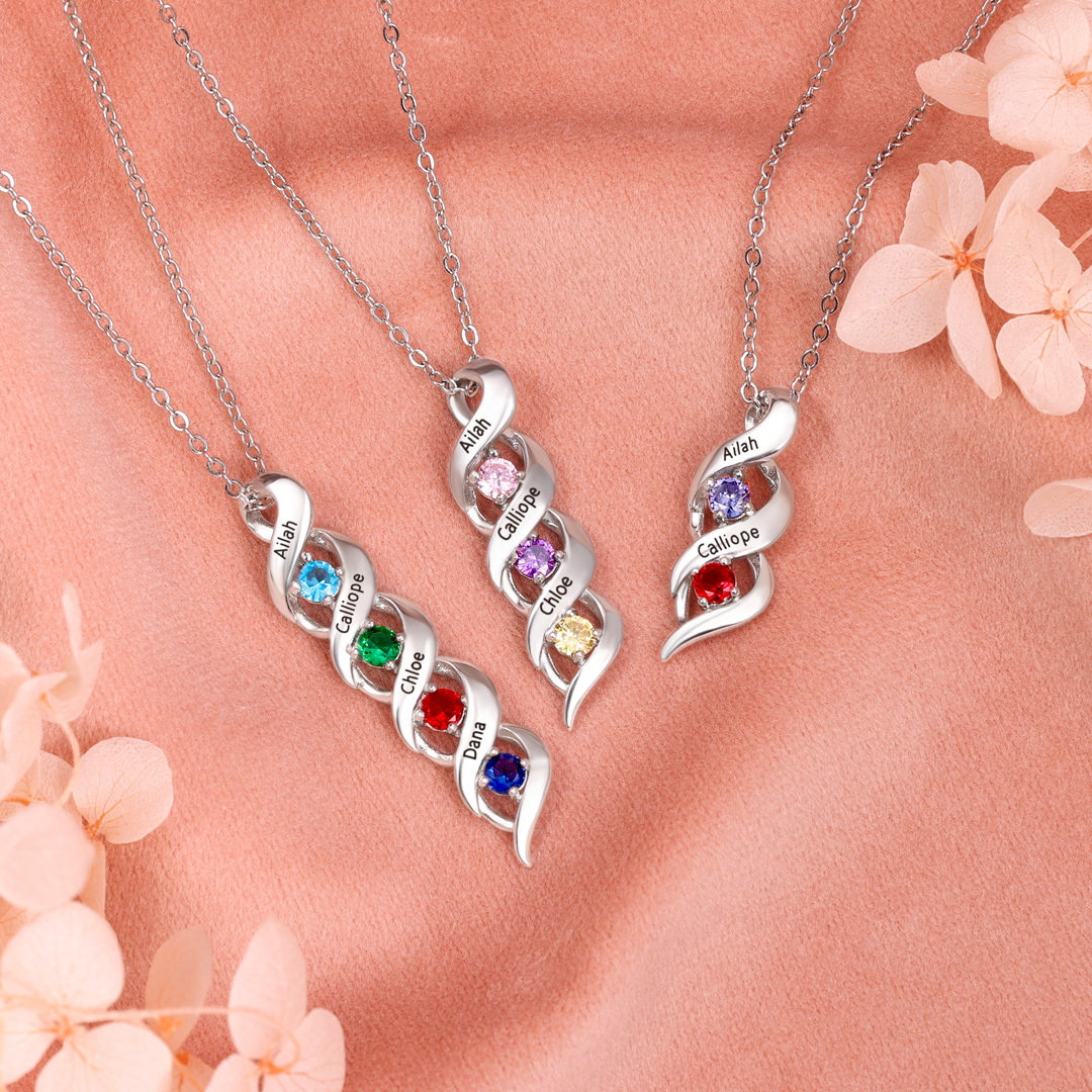 3 Names-Personalised Necklace Cascading Pendant with 3 Birthstones Engraving 3 Names Gifts for Her