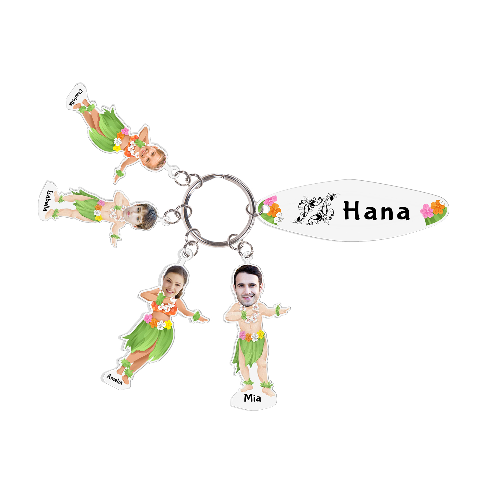 4 Names - Personalised Hawaiian Style Keyring With 4 Photo,4 Name and Text, Gift For Family