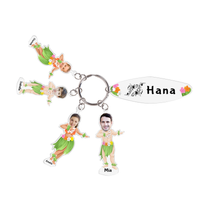 4 Names - Personalised Hawaiian Style Keyring With 4 Photo,4 Name and Text, Gift For Family