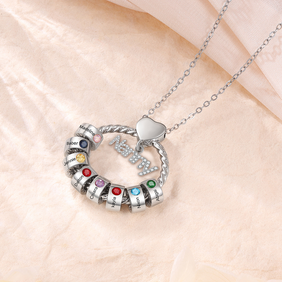 8 Names-Personalised Nanny Circle Necklace With 8 Birthstones Pendant Engraved Names Gift For Nanny