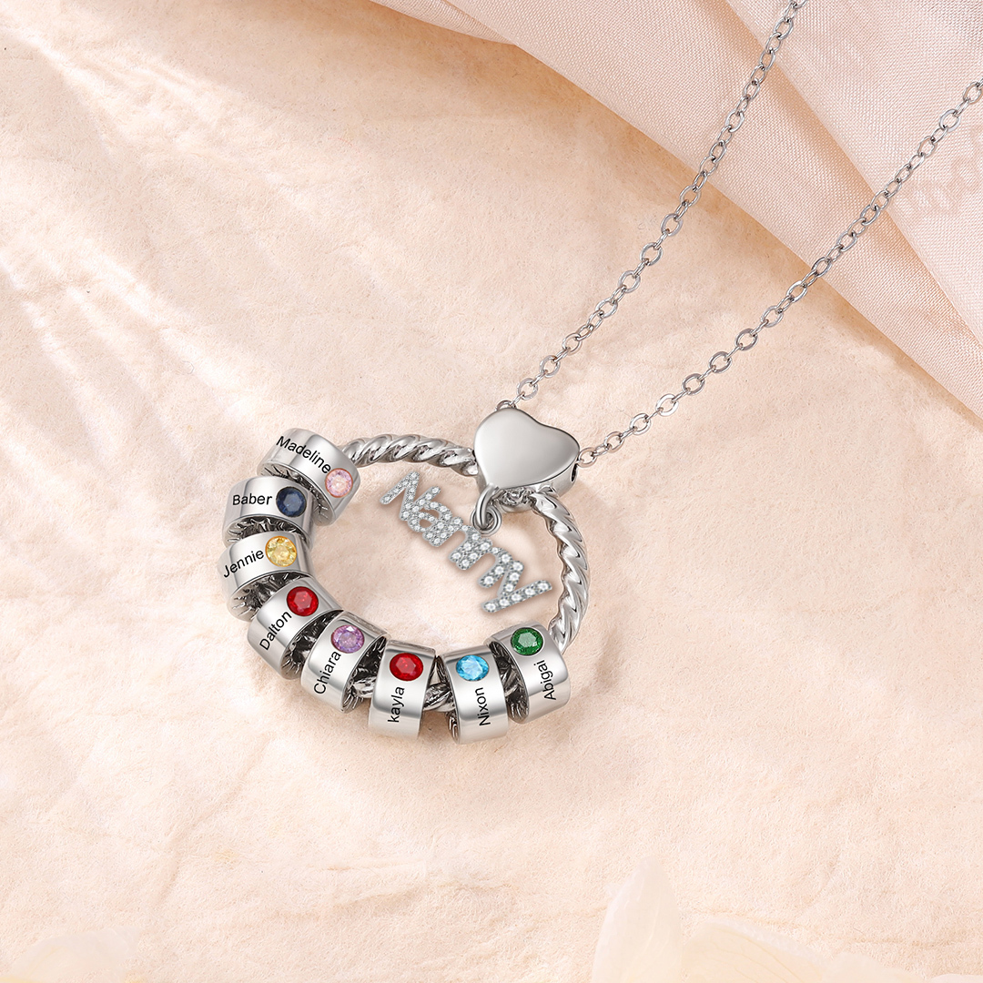 8 Names-Personalised Nanny Circle Necklace With 8 Birthstones Pendant Engraved Names Gift For Nanny
