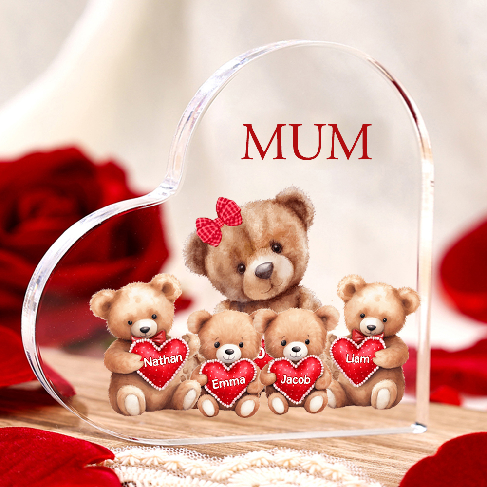 4 Names-Personalised Mum Acrylic Heart Keepsake Custom Text Love Teddy Bear Ornaments Gifts Set With Gift Box for Grandma/Mother