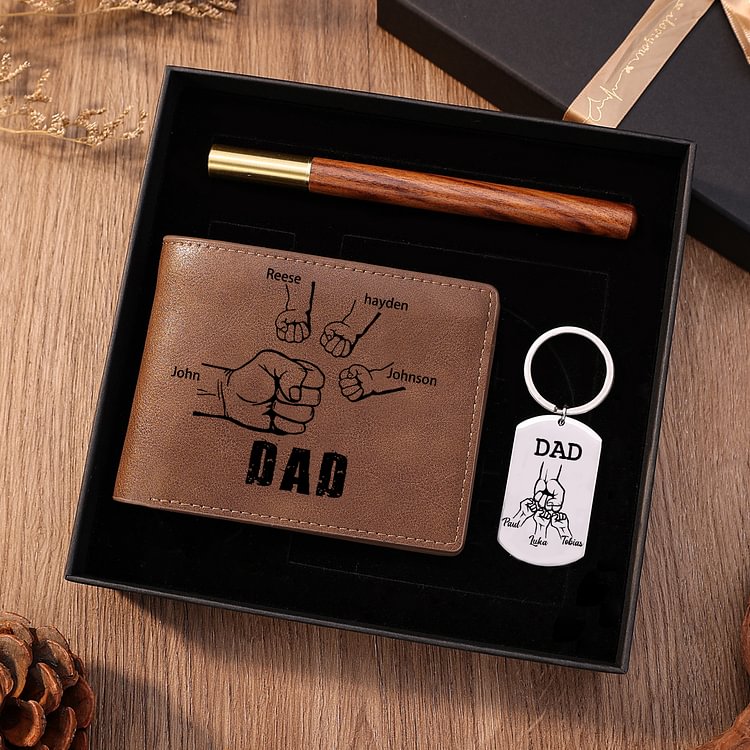 Personalised 4 Names Fist Bump Gift Set Custom Wallet & Keychain & Pen Gift Box Set Father’s Day Gift