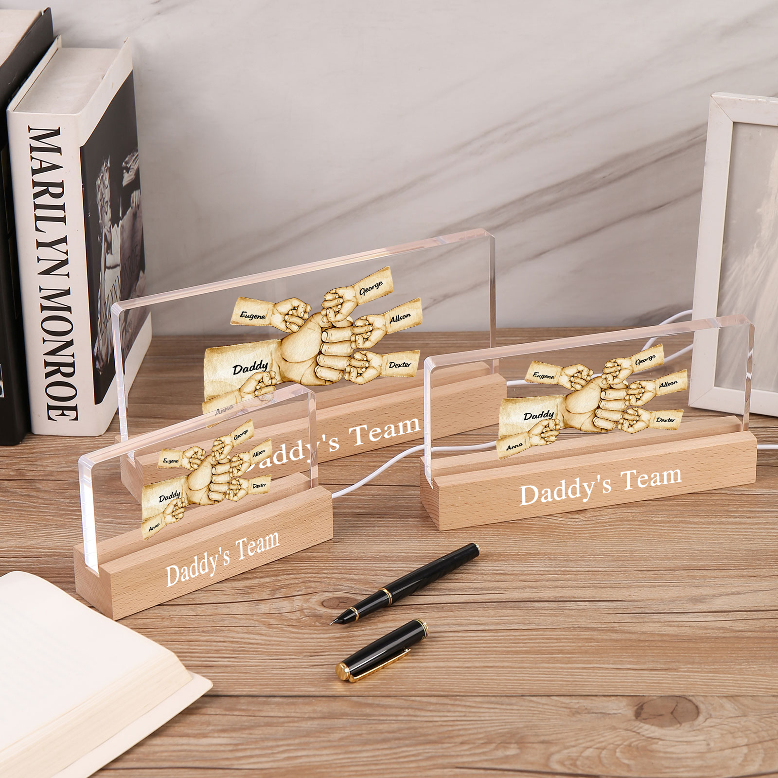 6 Names - Personalised Fist Bump Pattern Table Lamp Customized Text Father's Day Gift for Dad