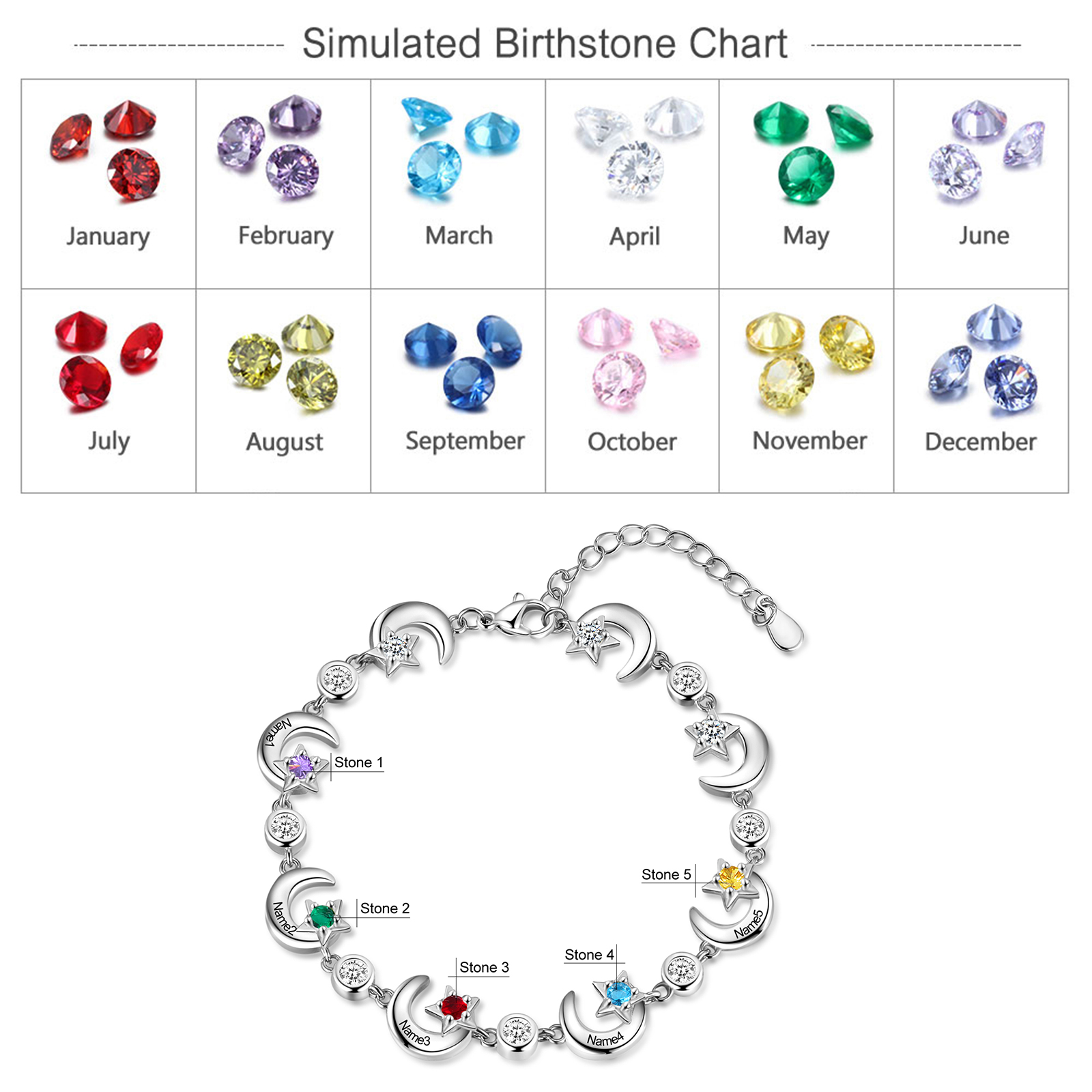 5 Names-Personalised Moons And Stars Bracelet With 5 Birthstones Custom Names Bracelet Gift For Women