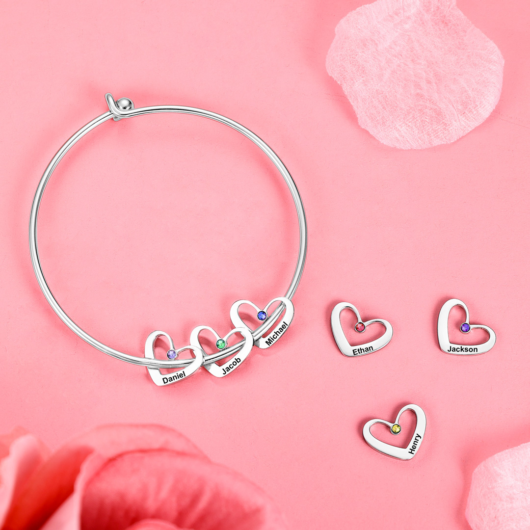 Personalised Heart Bangle With 6 Names and Birthstones Bangle Bracelet Mother's Day Gifts For women