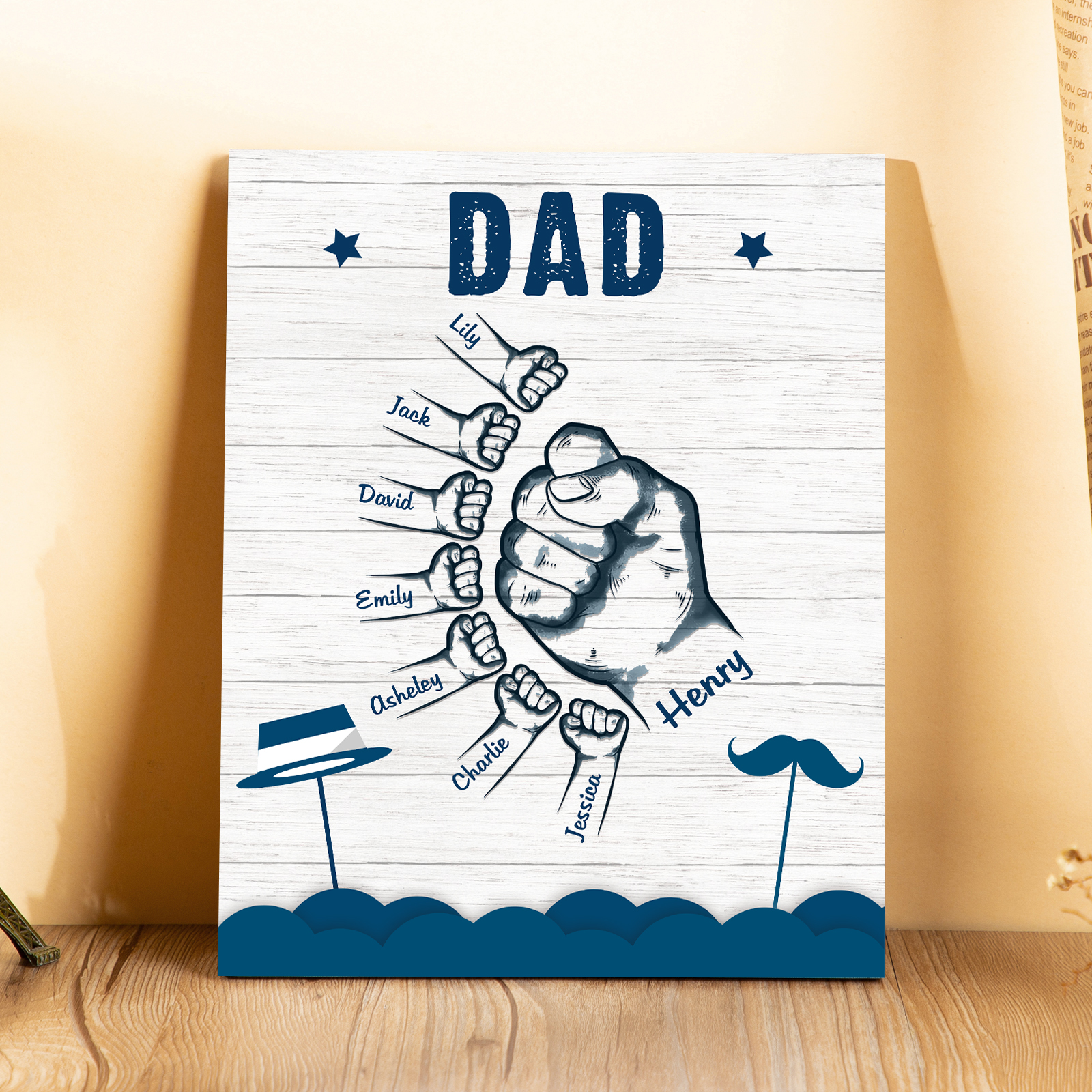 8 Names - Personalised Wooden Ornament Fist Bump Style Engraved Name and Text Ornament for Dad