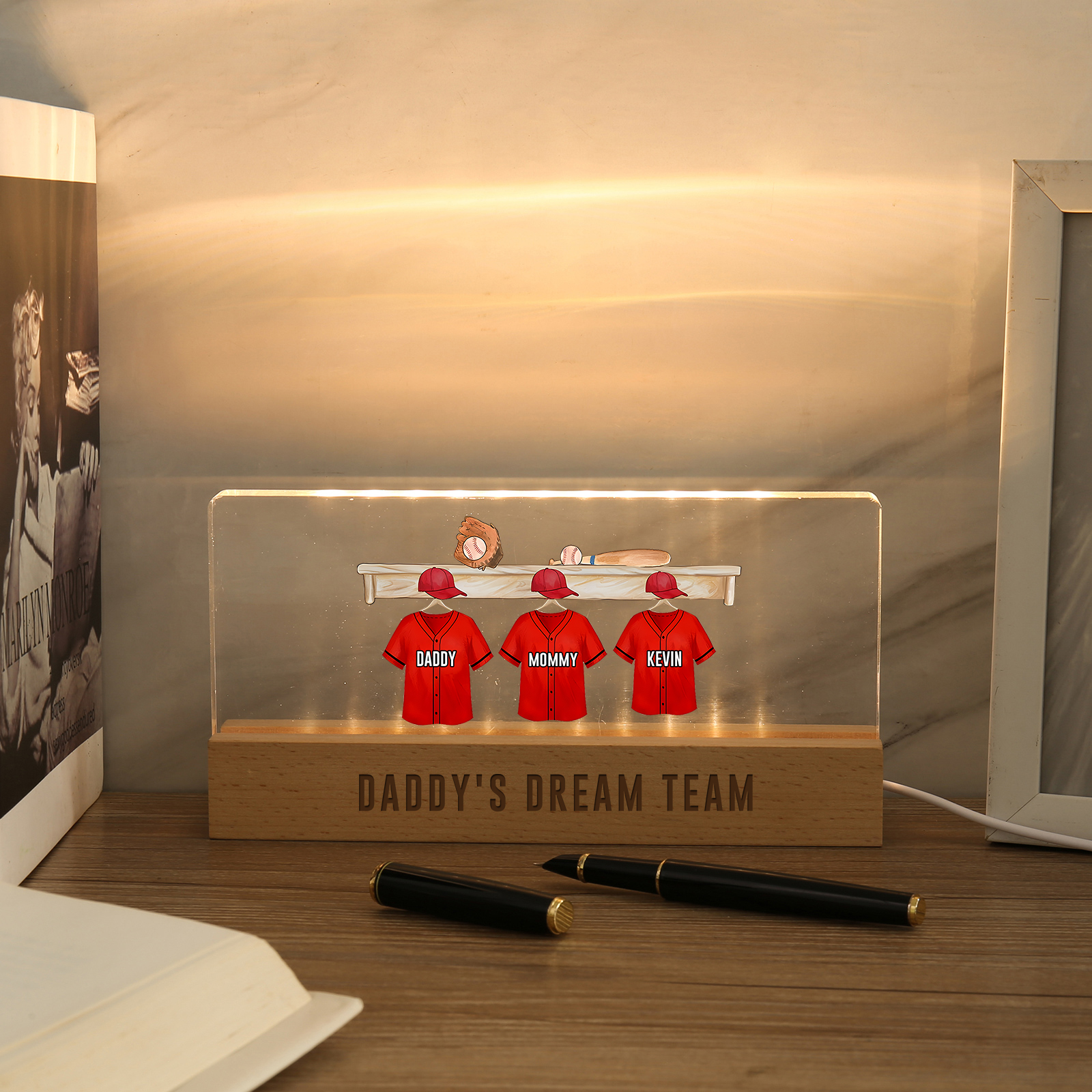 3 Names - Personalised Baseball Jersey Desk Lamp - Dad's Dream Team - Father's Day Gift for Dad