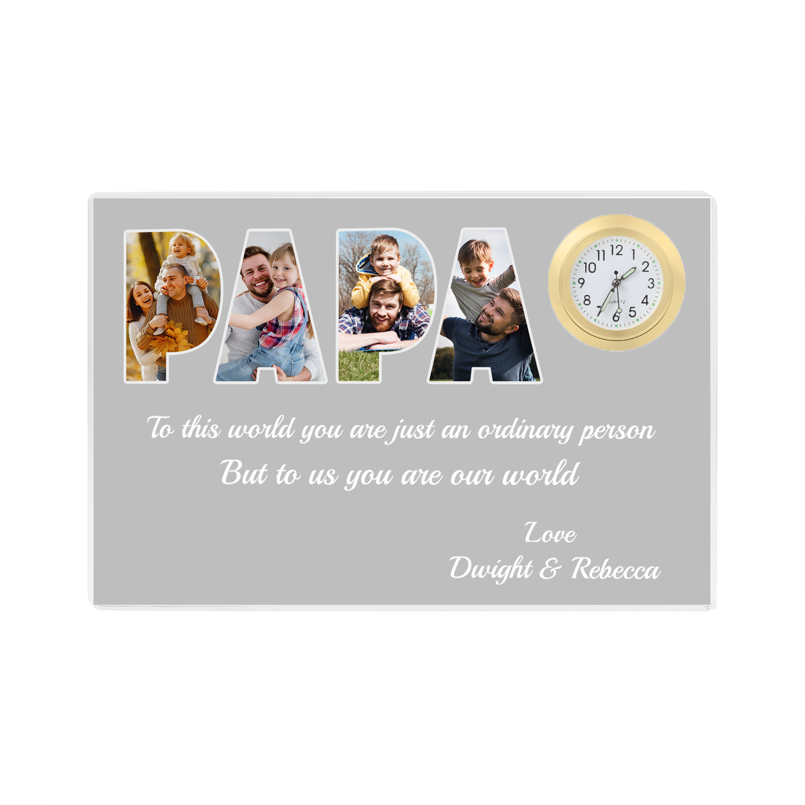 4 Photos - Personalised Custom Photo and Name Rectangular Clock Acrylic Keepsake Father's Day Gift for Dad