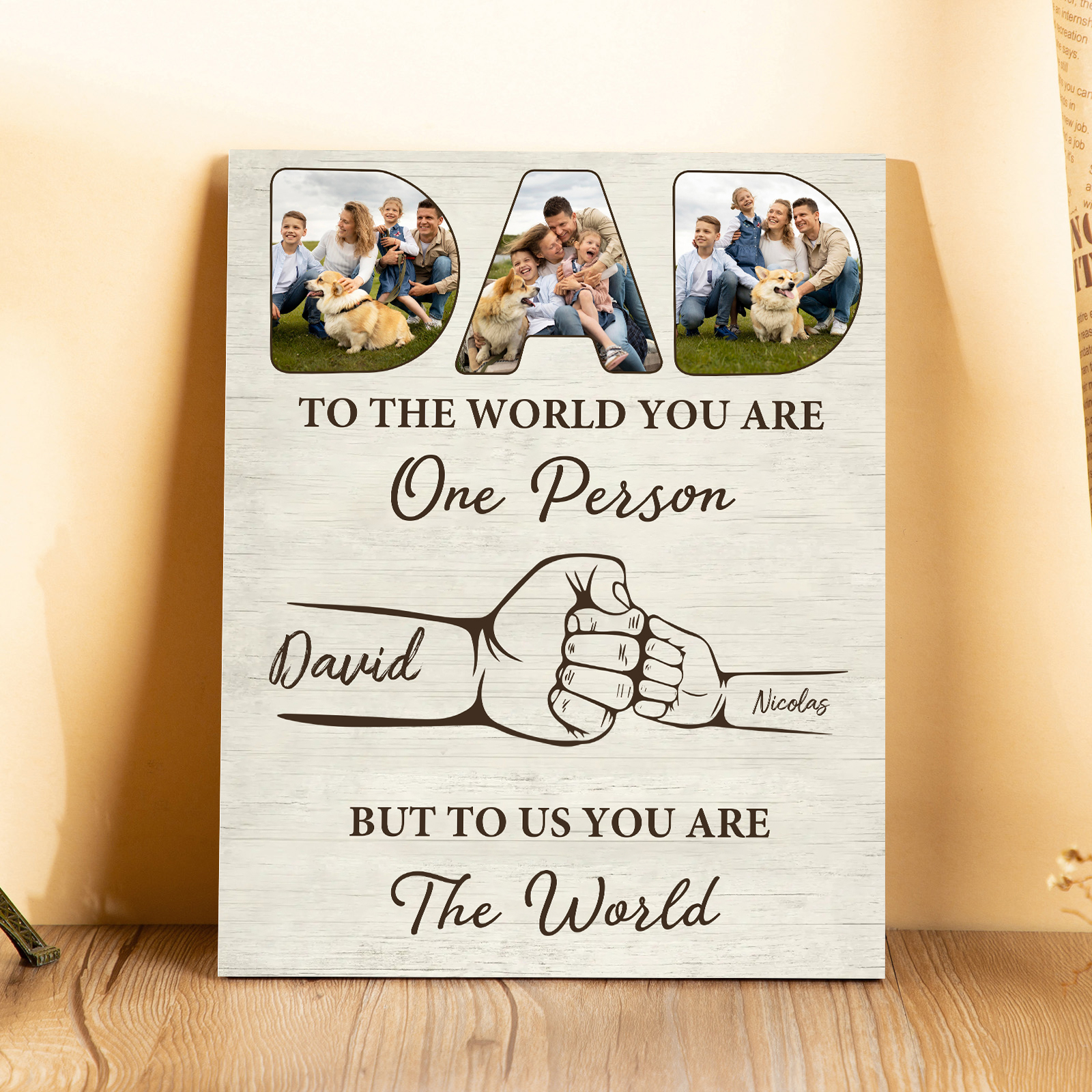 2 Names - Personalised Photos Fist Bump Home Wood Panel Painting Decorations Father's Day Gift for Dad