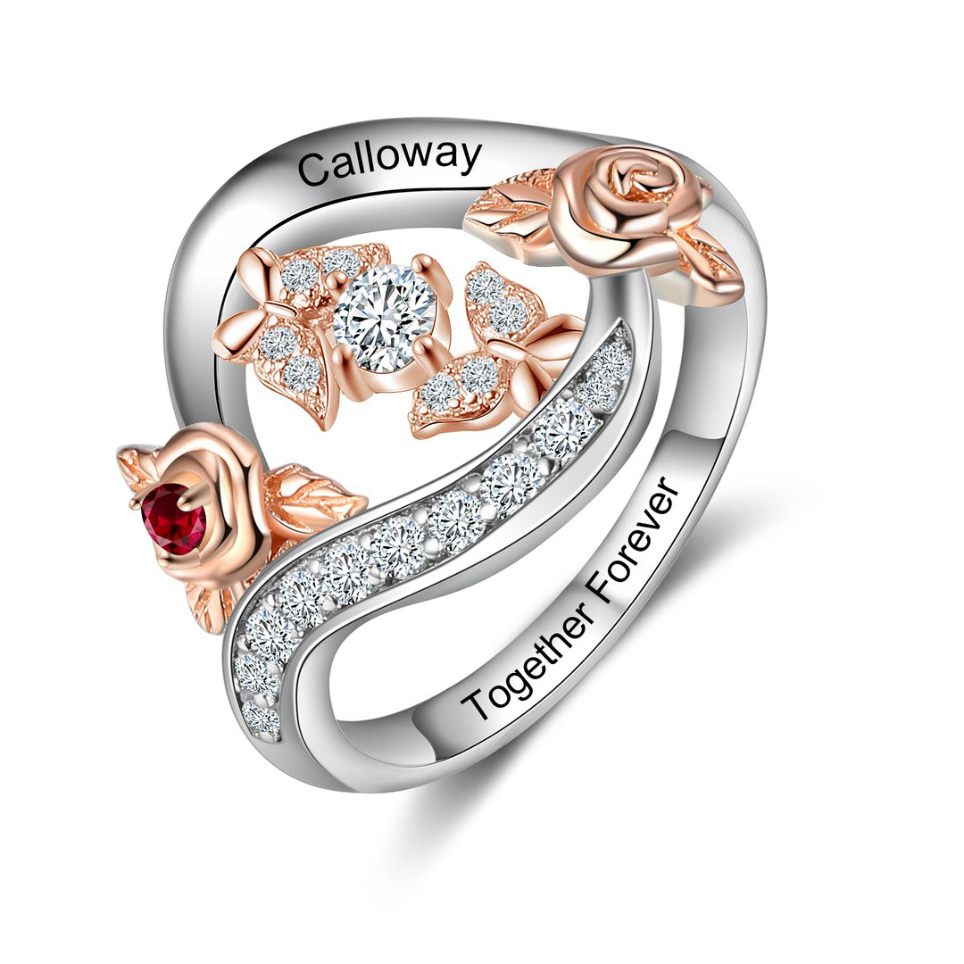 Personalised Rose Ring With 1 Birthstone Engraved Names Ring Gift For Women