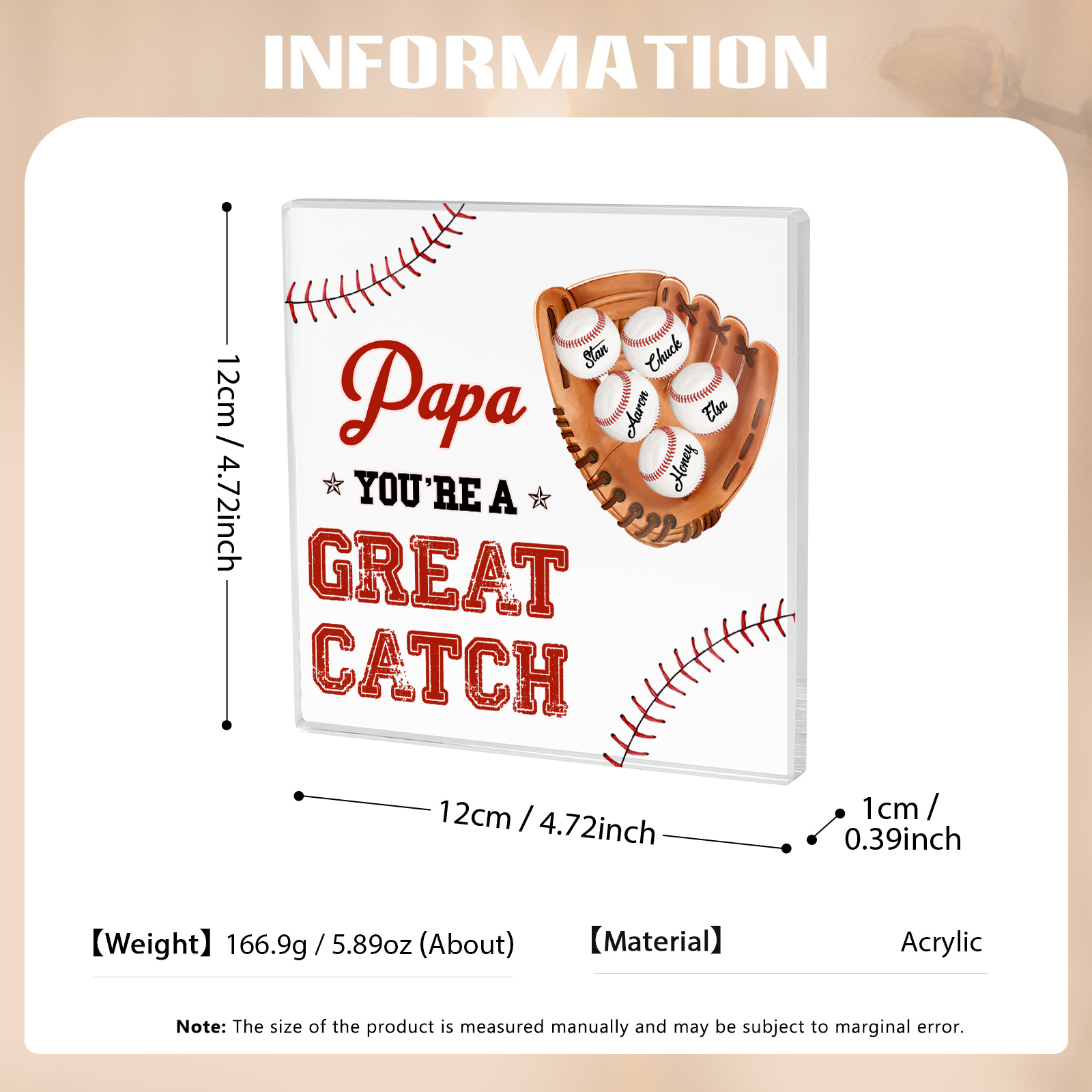 5 Names - Personalised Baseball Acrylic Keepsake Customized Name and Text Acrylic Plaque Ornament Father's Day Gift for Dad