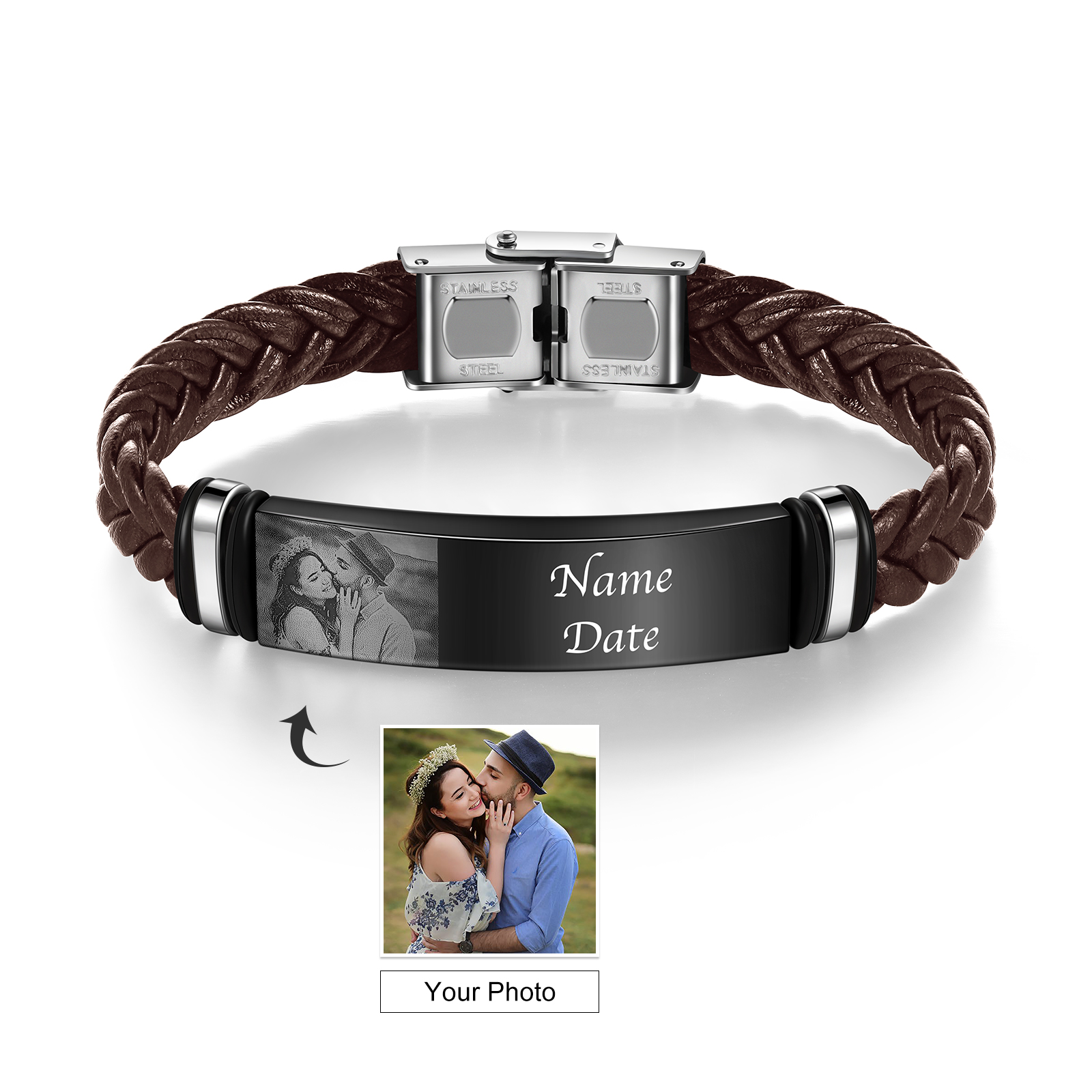 Personalised PU Leather Men's Photo Bracelet, Custom Name Bracelet Vintage Gift for Him
