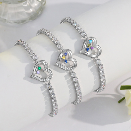 Personalised 2-4 Names Heart Birthstone CZ Bracelet