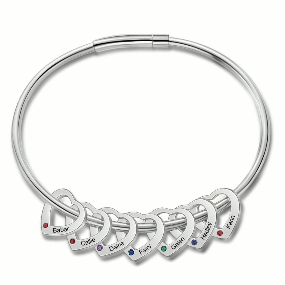 Personalised Women’s Bracelet with Custom 7 Names & Birthstones Heart Bracelet Gift for Her | Jessmade