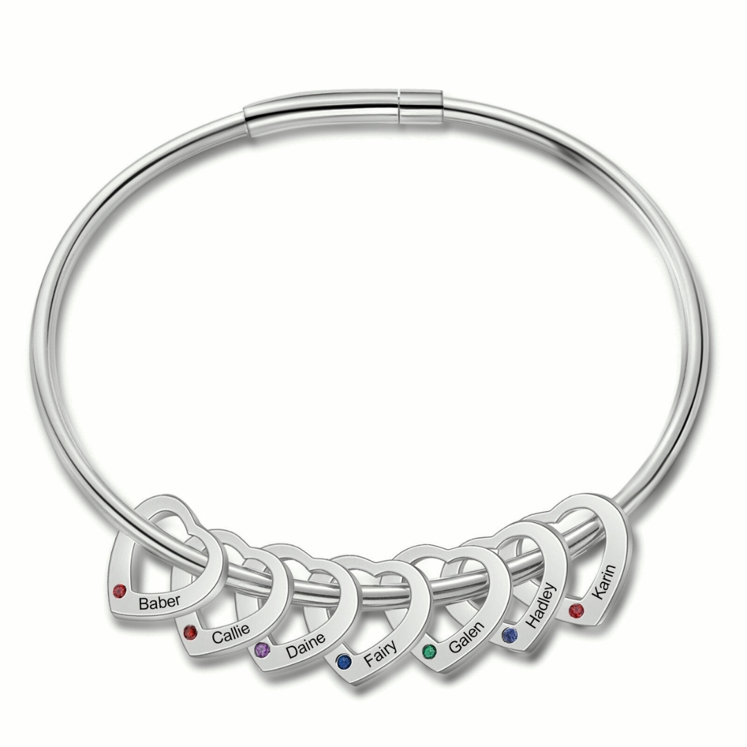 Personalised Women’s Bracelet with Custom 7 Names & Birthstones Heart 