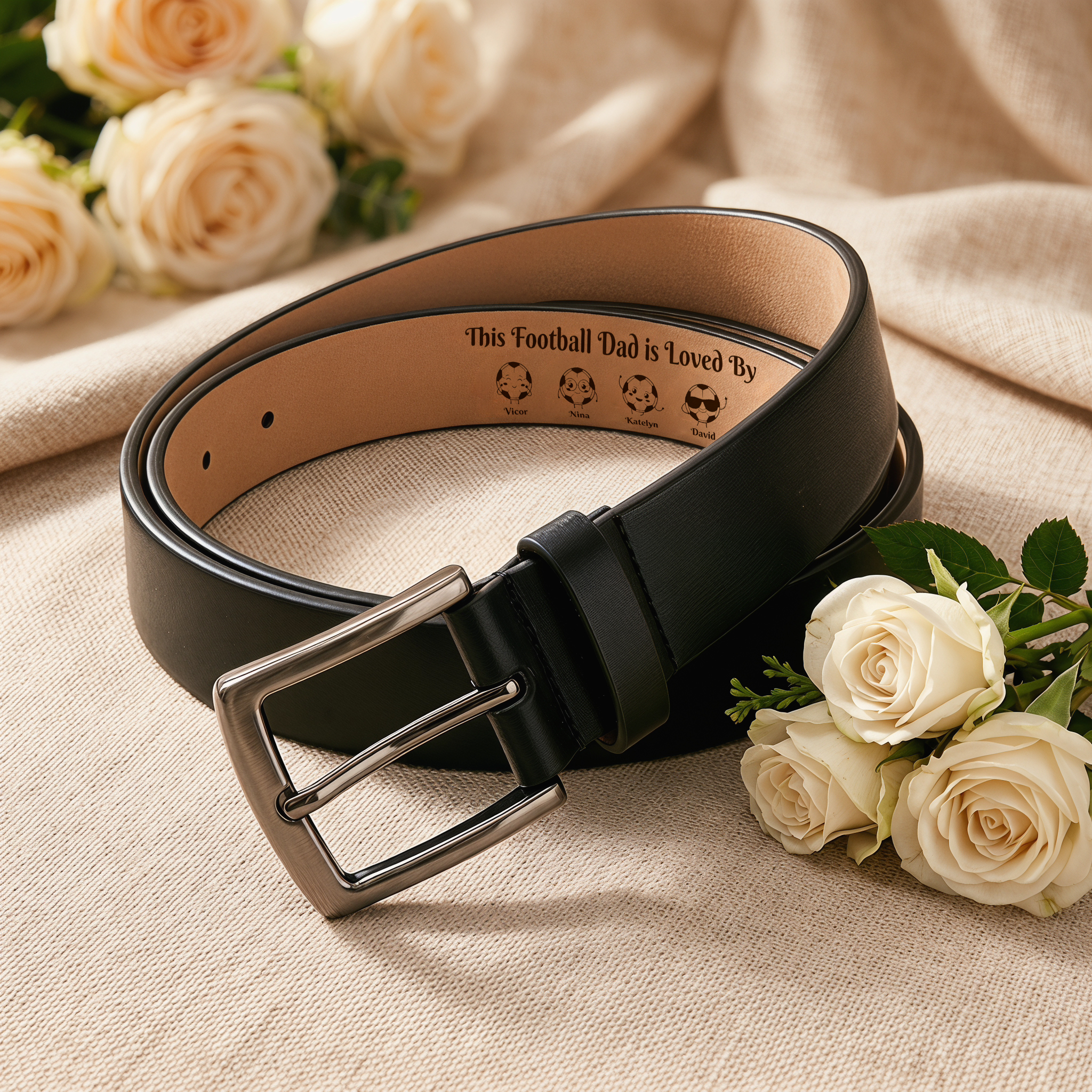 Personalised Football Leather Belt with 1-8 Names for Dad/Grandad