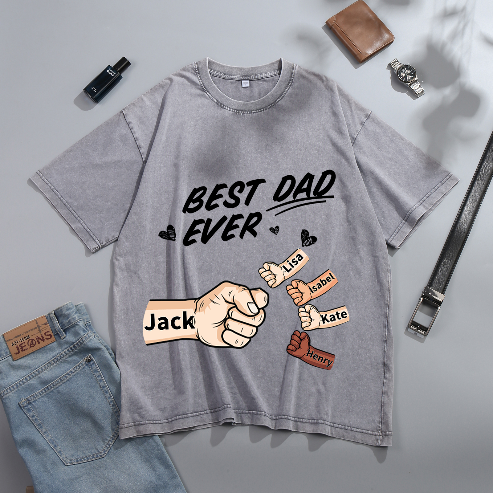 Best Dad Ever - Personalised 2–7 Names Family T-Shirt Custom Fist Bump Short Sleeve Father's Day Gifts For Dad