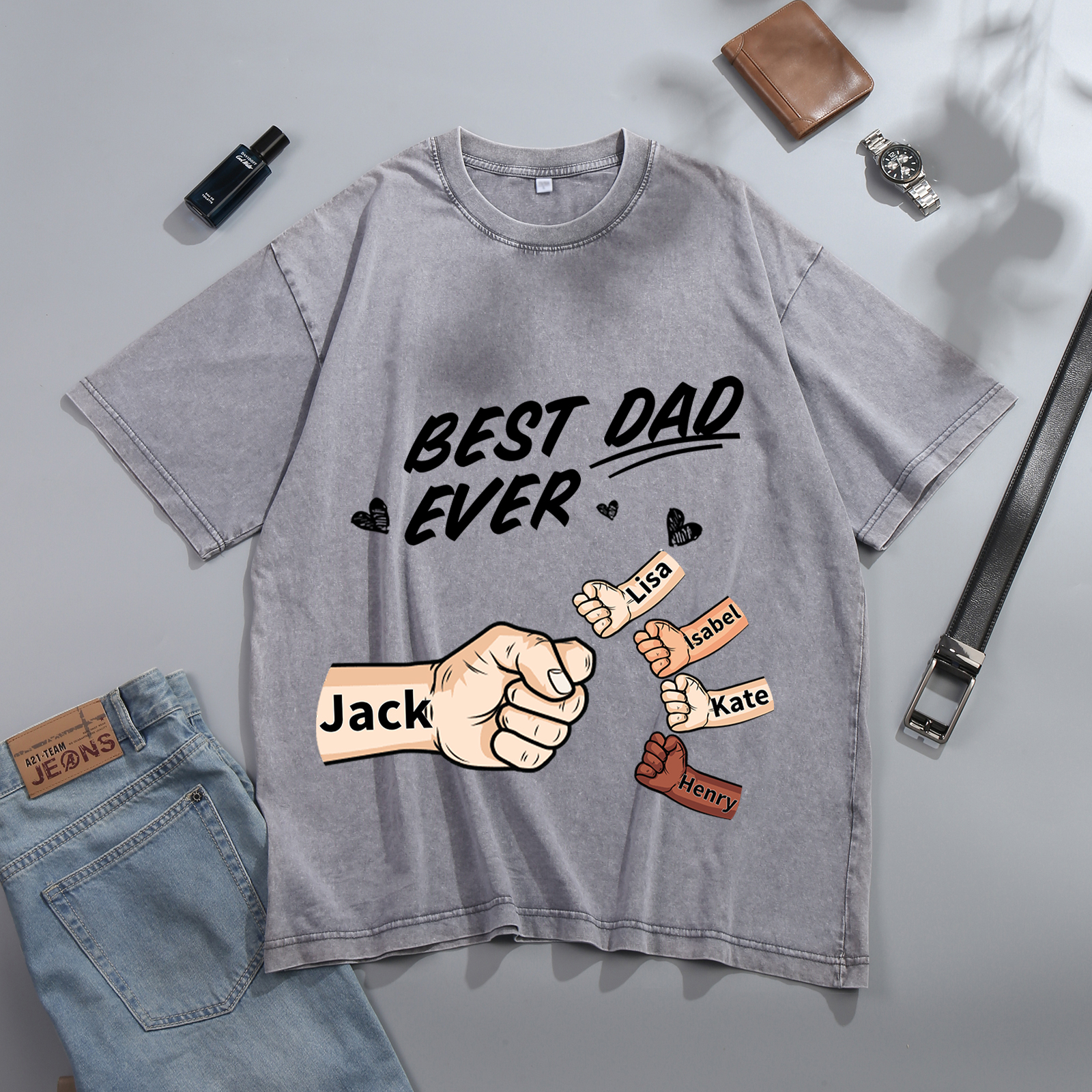 Best Dad Ever - Personalised 2–7 Names Family T-Shirt Custom Fist Bump Short Sleeve Father's Day Gifts For Dad