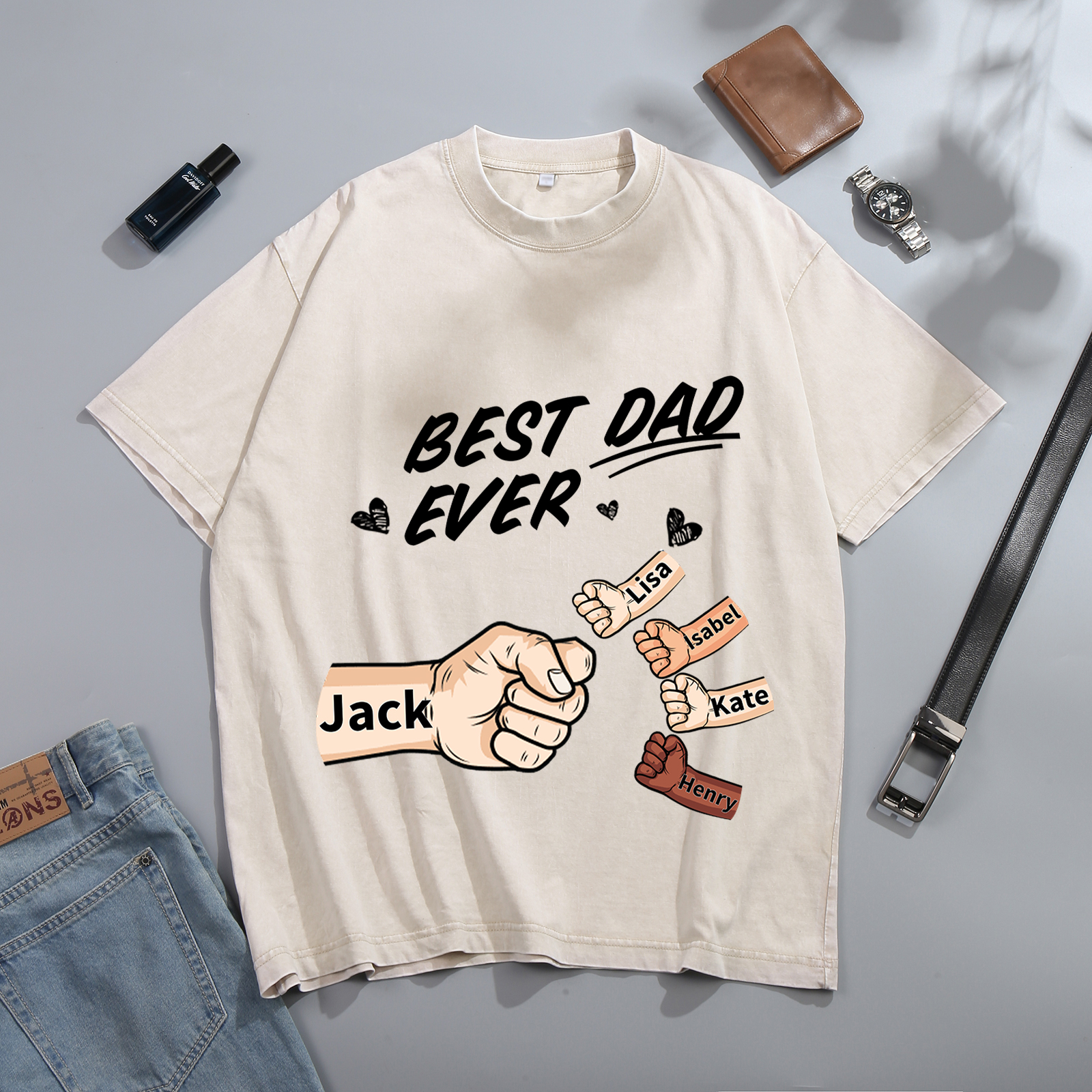 Best Dad Ever - Personalised 2–7 Names Family T-Shirt Custom Fist Bump Short Sleeve Father's Day Gifts For Dad