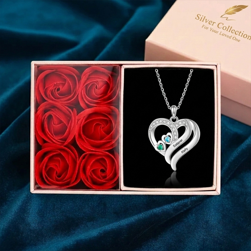 Personalised 2-4 Names Heart Birthstone Women Necklace