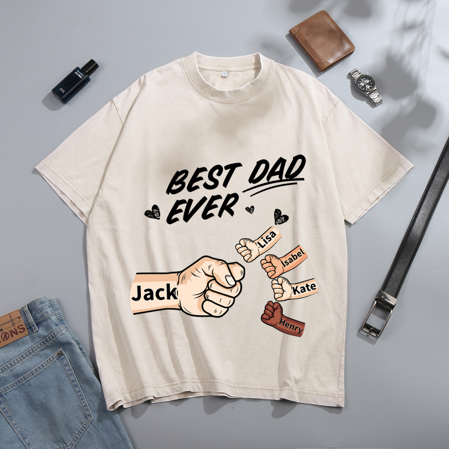 Best Dad Ever - Personalised 2–7 Names Family T-Shirt Custom Fist Bump Short Sleeve Father's Day Gifts For Dad