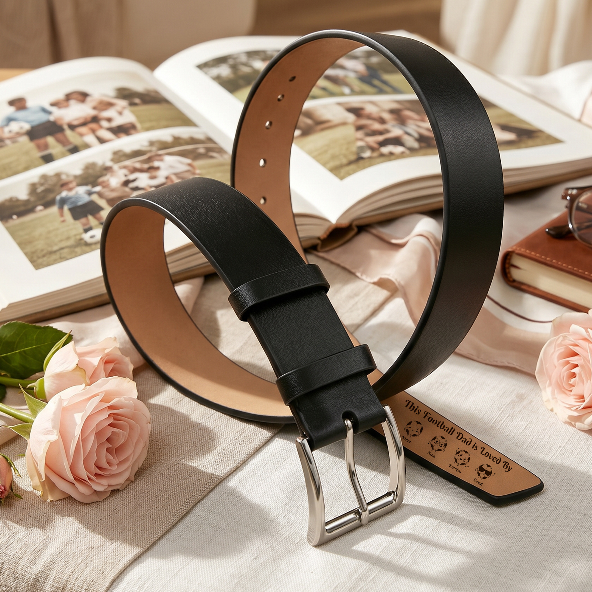 Personalised Football Leather Belt with 1-8 Names for Dad/Grandad