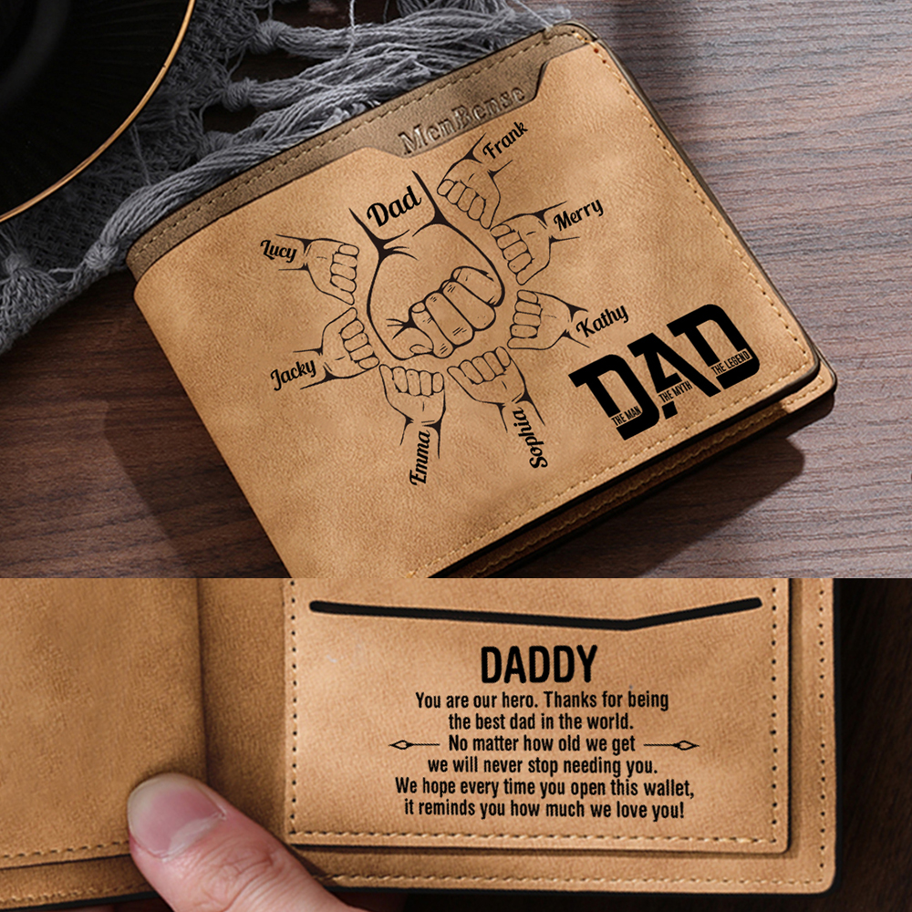 8 Names - Personalised Fist Bump Pattern Custom Name Leather Men's Wallet as a Father's Day Gift for Dad