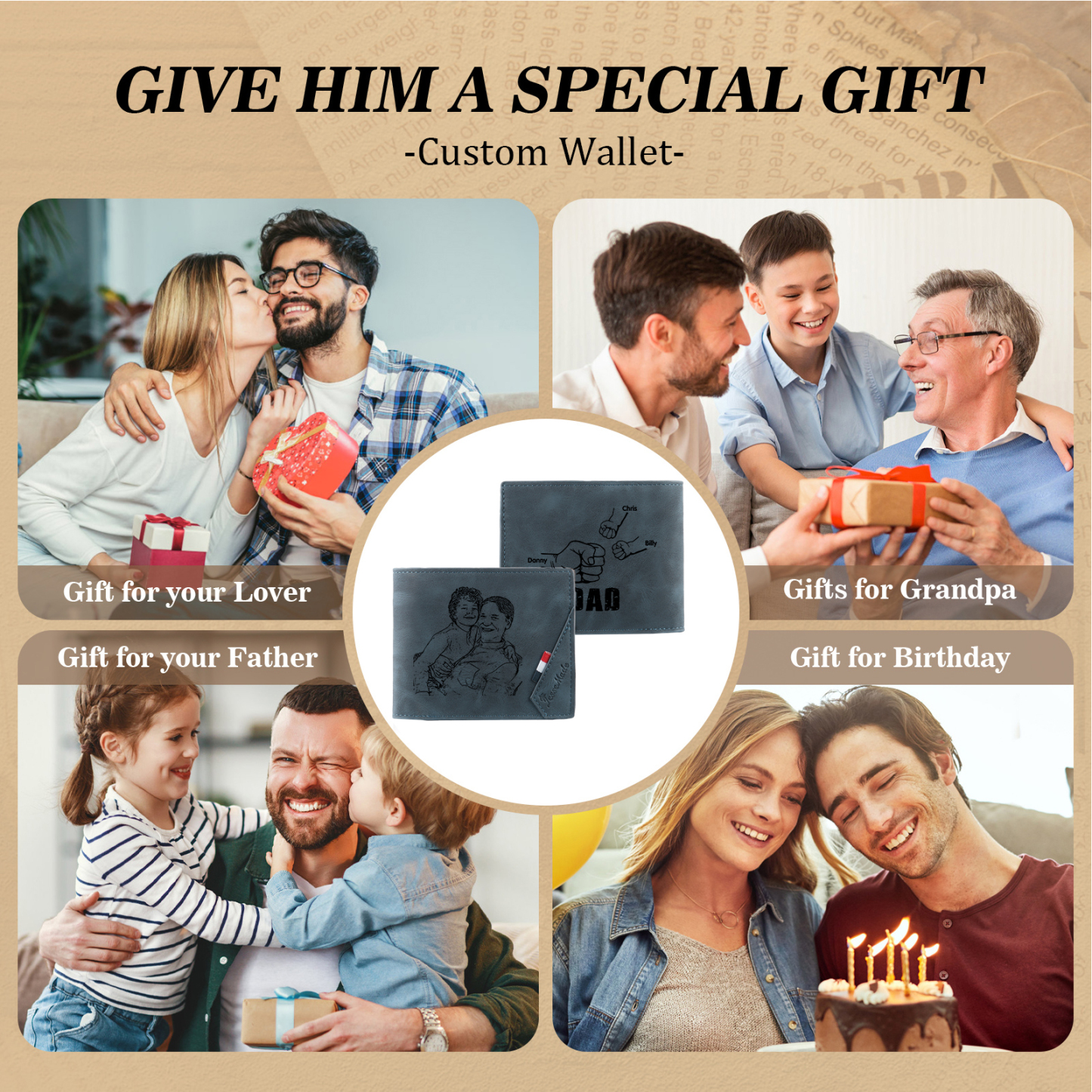 3 Names - Personalised Fist Bump Photo Custom Leather Men's Wallet as a Father's Day Gift for Dad