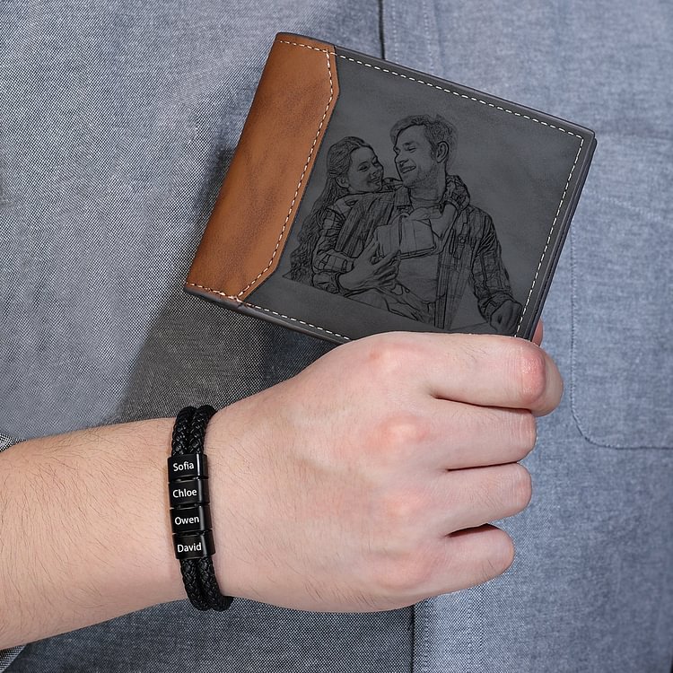 Personalised Gift Set - Custom Wallet & Bracelet with 1 Photo, 1 Letter, and 5 Names, Christmas Gift Box for Him | Jessemade