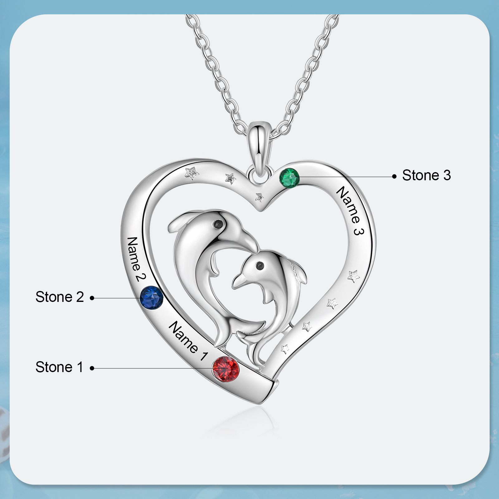3 Names - Personalised Beautiful Dolphin Heart Necklace with Customized Name and Birthstone Gift for Her