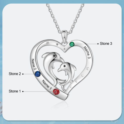 3 Names - Personalised Beautiful Dolphin Heart Necklace with Customized Name and Birthstone Gift for Her