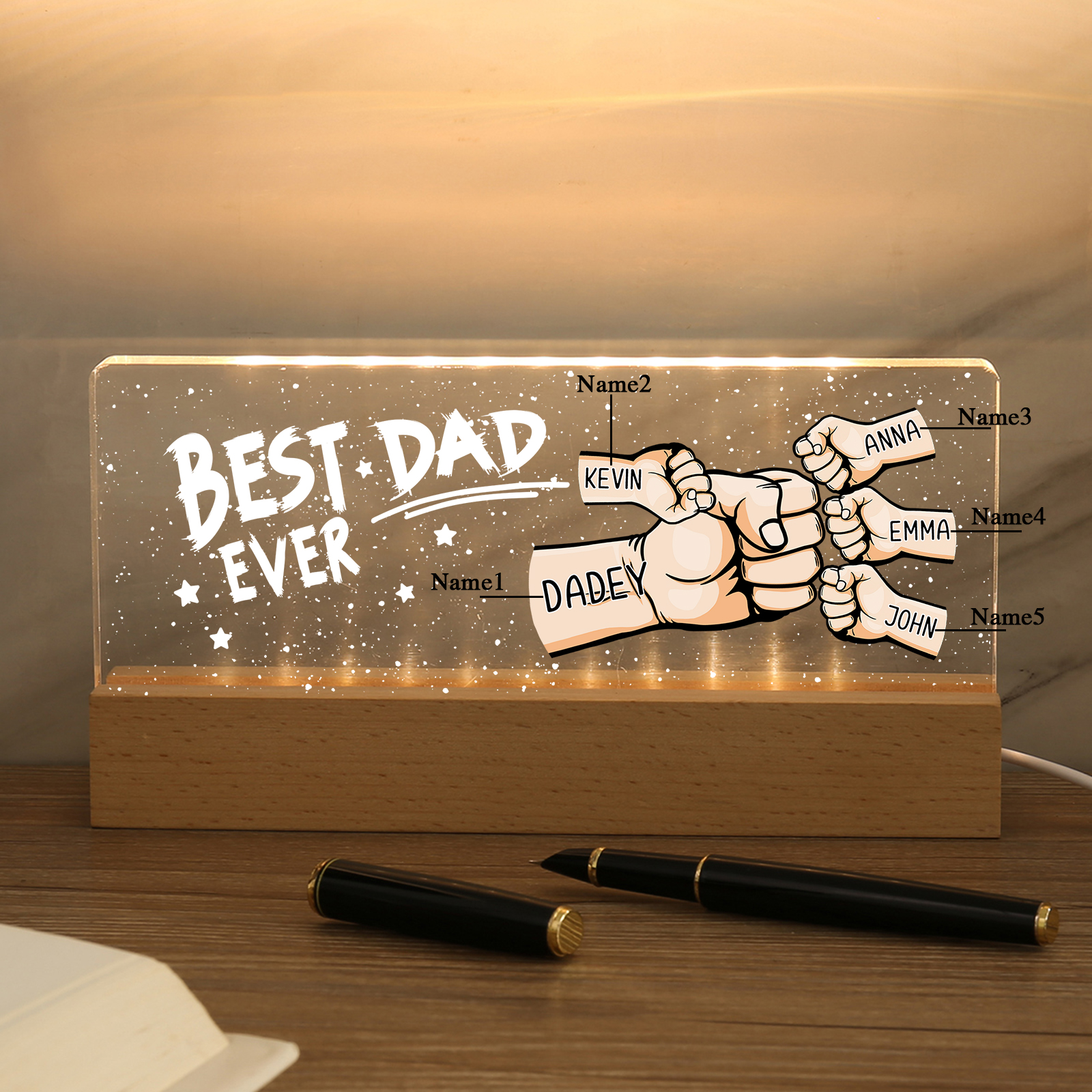 5 Names - Personalised Fist Bump Lamp - Best Dad Ever - Father's Day Gift for Dad