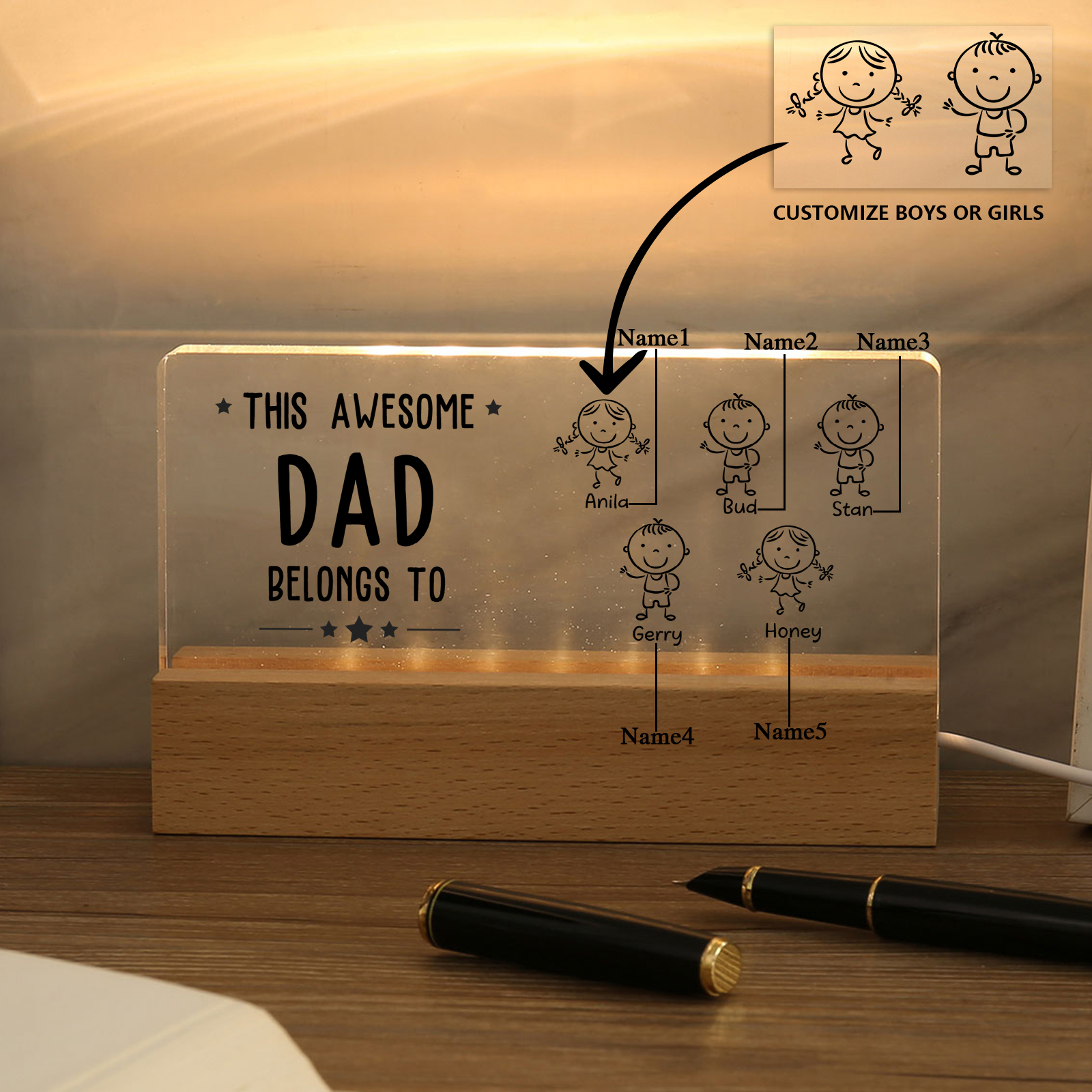 5 Names & Doll Gender - Personalised Lamp -This Awesome Dad  Belongs To - Father's Day Gift for Dad
