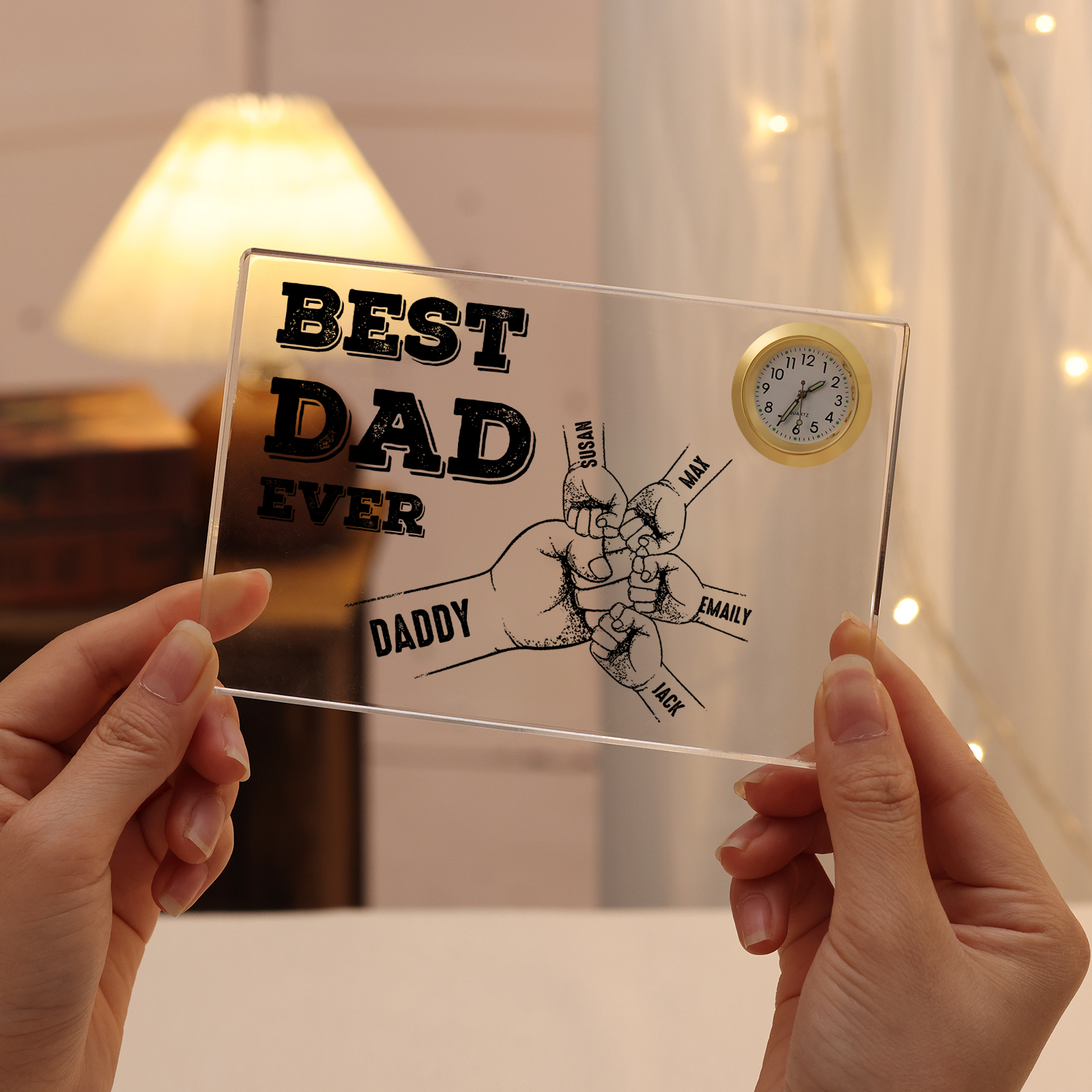 5 Names - Personalised Fist Bump Pattern Custom Name Acrylic Rectangular Clock Ornament Father's Day Gift