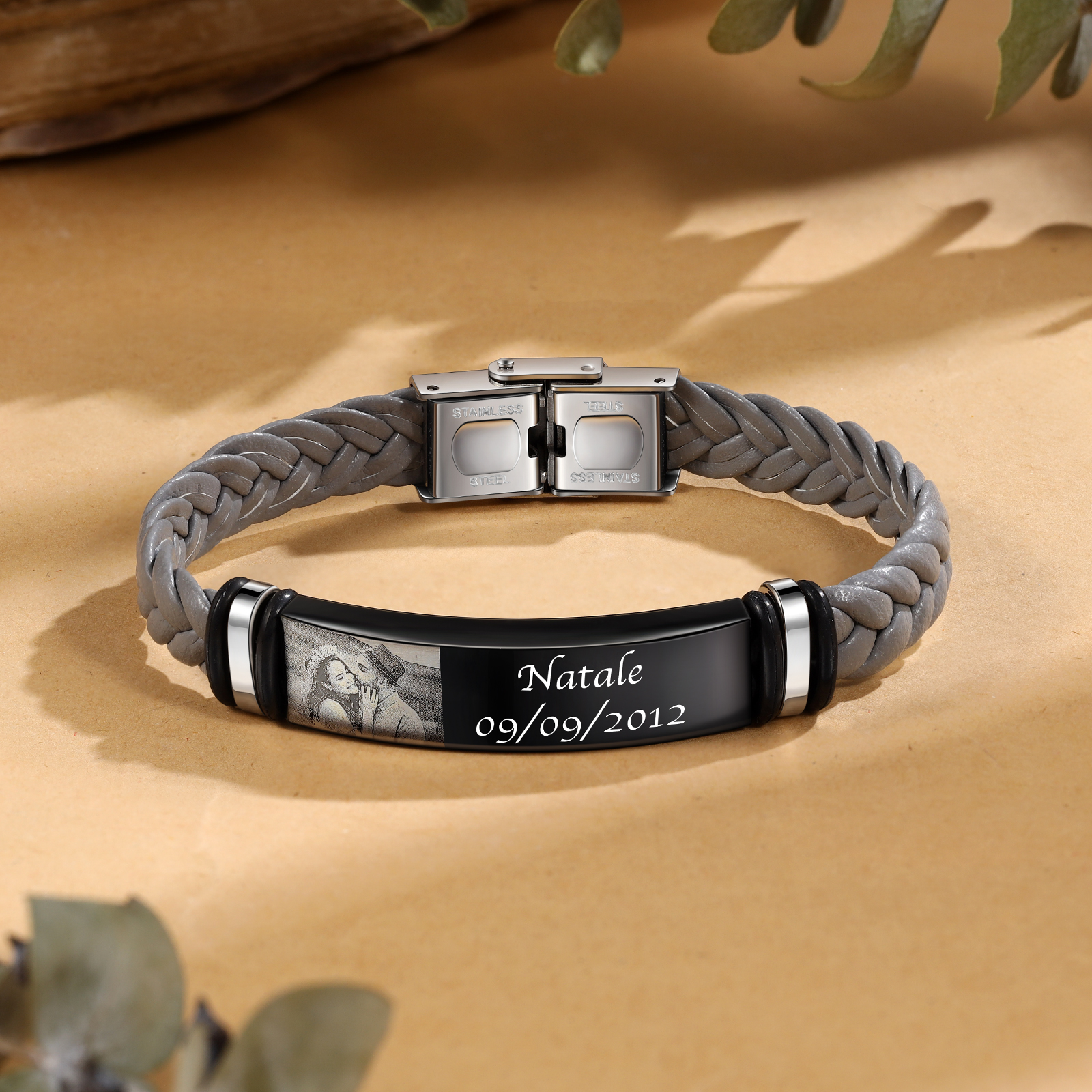 Personalised PU Leather Men's Photo Bracelet, Custom Name Bracelet Vintage Gift for Him