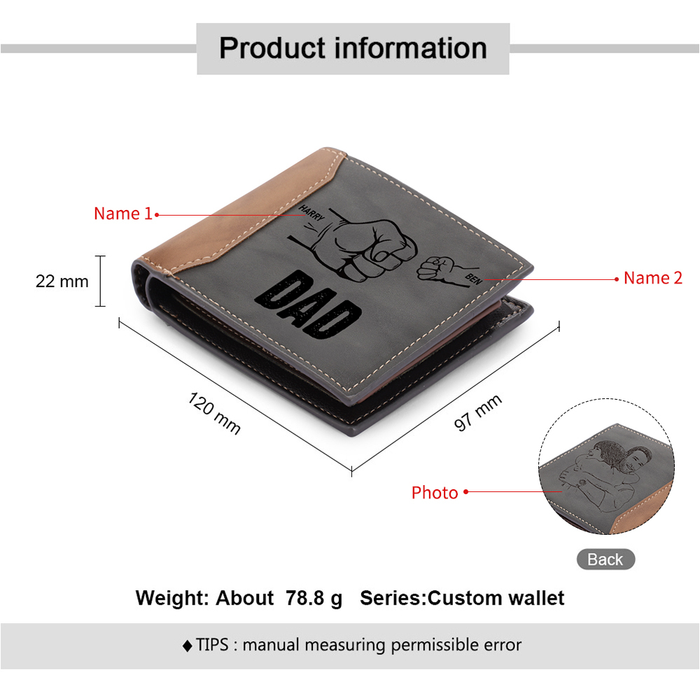 2 Names - Personalised Fist Bump Photo Custom Leather Men's Wallet With Gift Box as a Father's Day Gift for Dad